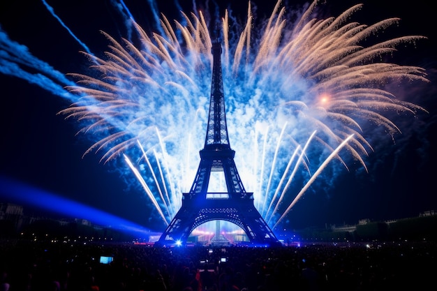 La torre Eiffel en París, Francia, se muestra contra los fuegos artificiales de la celebración