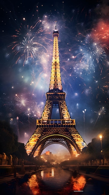 Torre Eiffel en París por la noche con fuegos artificiales Francia concepto de año nuevo