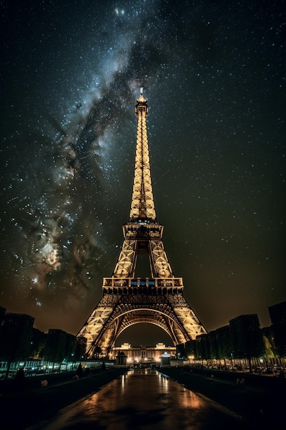 Foto torre eiffel en parís con la vía láctea al fondo