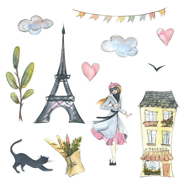 Torre Eiffel parisiense uma casa uma baguete e mantimentos um gato preto uma árvore nuvens corações e uma guirlanda de bandeiras Ilustração em aquarela um conjunto da coleção PARIS Para o design