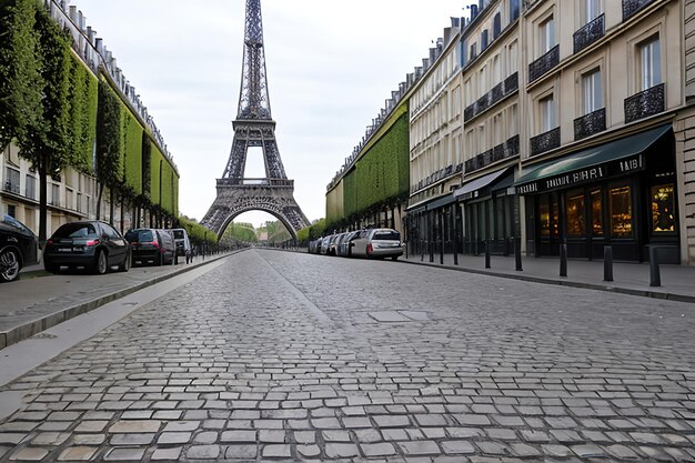 Torre Eiffel vista desde la calle en París Francia pavimento adoquinado