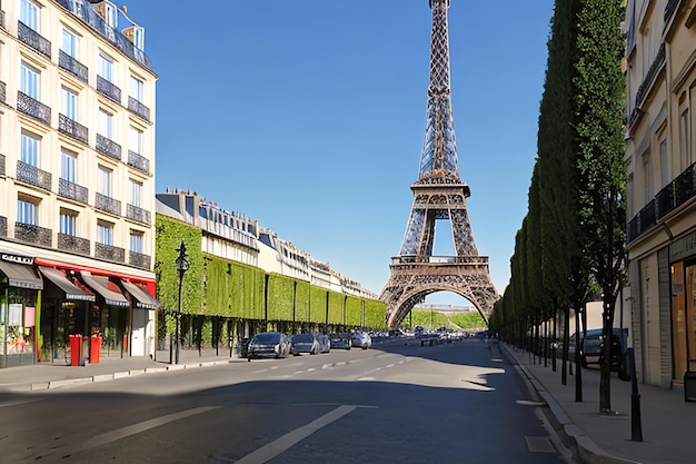 Torre Eiffel vista da rua em Paris França Pavimento de paralelepípedos