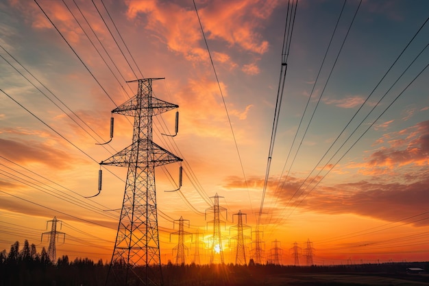 Torre eléctrica de alto voltaje de silueta en el atardecer y el cielo en el fondo del atardecer