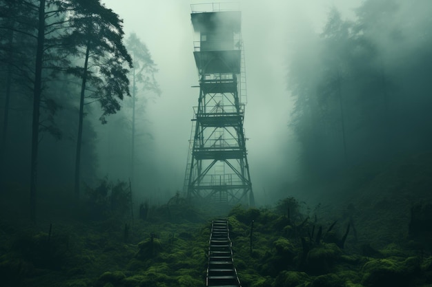 Torre eléctrica en la niebla