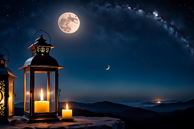 una torre encendida por una vela con una luna en el cielo y una luna al fondo