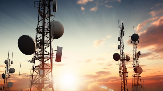 Foto una torre por encima de una estructura de antena alberga estaciones base telefónicas, equipos de transmisión de televisión y antenas de internet inalámbricas