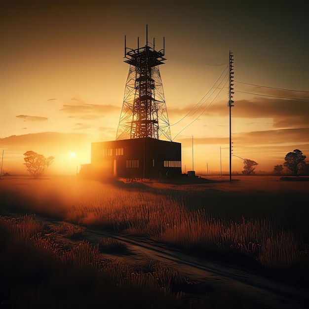 Torre de energía en los rayos del atardecer Tecnología electricidad industrialización arte de alta resolución inteligencia artificial generativa