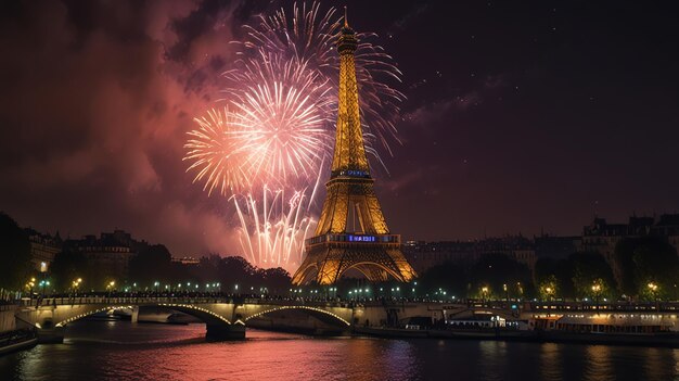 torre con fuegos artificiales en el fondo