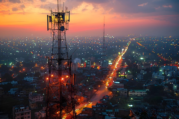 Torre iluminada por inúmeras luzes IA geradora