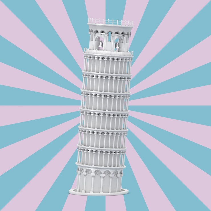Foto torre inclinada branca de pisa em um fundo rosa e azul da forma de estrela do vintage. renderização 3d