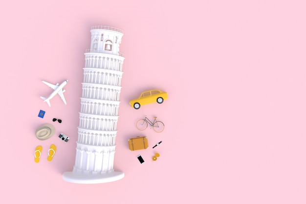 Torre inclinada de Pisa, Itália, Europa, arquitetura italiana, vista superior de acessórios do viajante abstraem rosa mínimo, itens essenciais de férias, conceito de viagens, renderização em 3d