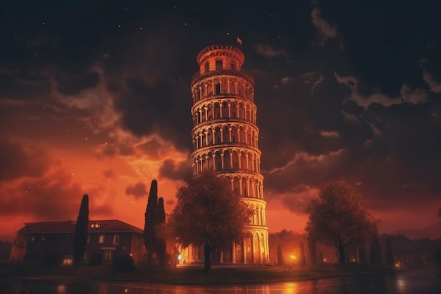 La torre inclinada de pisa de noche