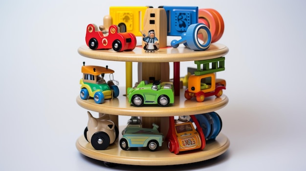 Torre de juguete de madera con coches y camiones