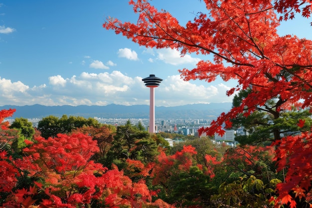 Torre de Kioto y jardín japonés con hojas de arce rojo