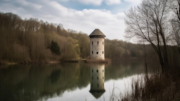 Una torre en el lago en el bosque.