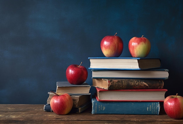 Una torre de libros coronada con múltiples manzanas contra un fondo azul generado por la IA