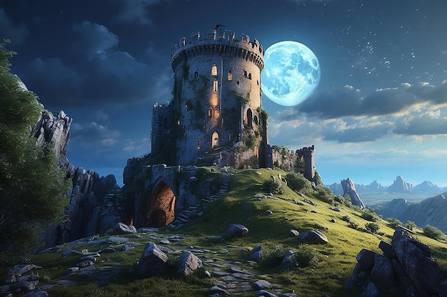 Torre medieval bajo una luna azul en ruinas y paisaje destrozado