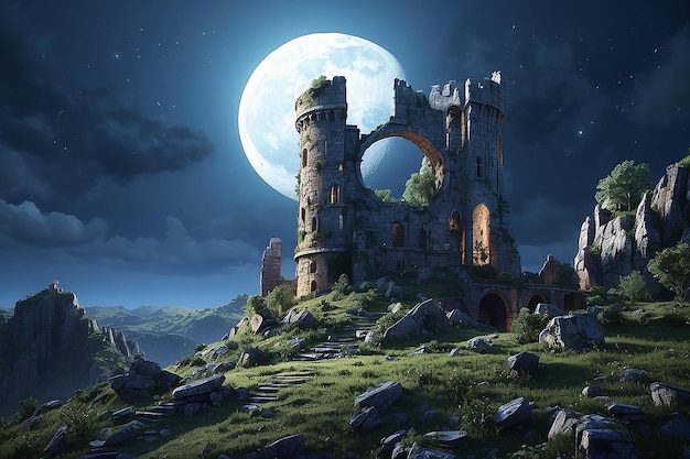 Torre medieval bajo una luna azul en ruinas y paisaje destrozado