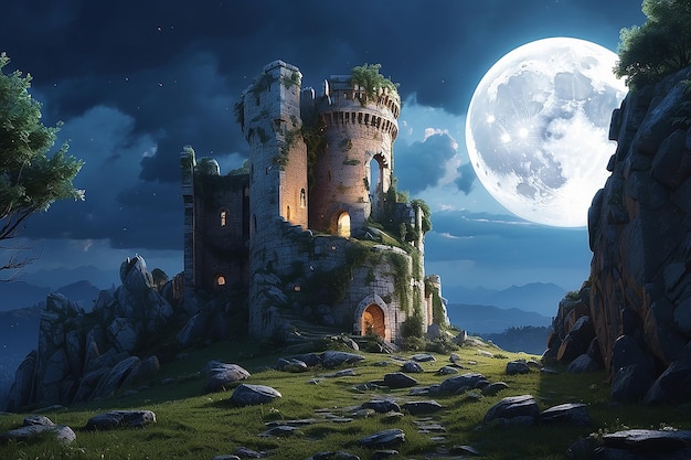 Torre medieval bajo una luna azul en ruinas y paisaje destrozado