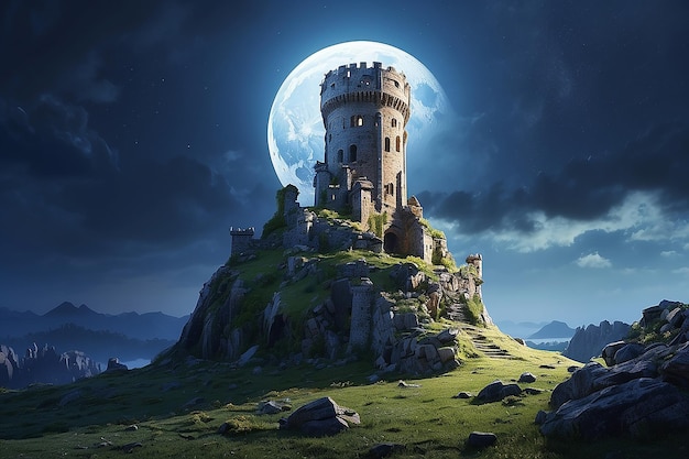 Torre medieval bajo una luna azul en ruinas y paisaje destrozado