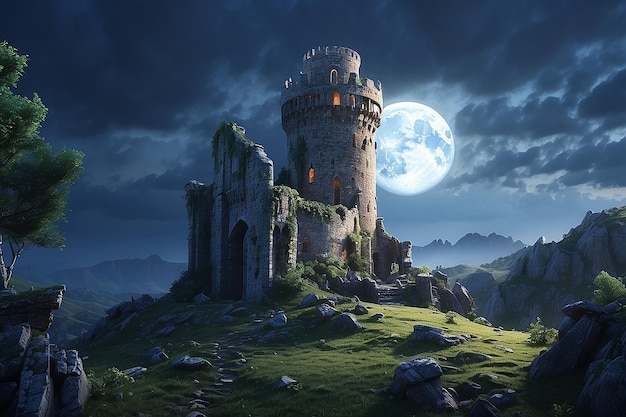 Torre medieval bajo una luna azul en ruinas y paisaje destrozado