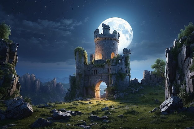 Torre medieval bajo una luna azul en ruinas paisaje disperso