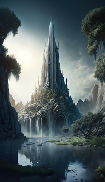 Una torre misteriosa en el centro de una ciudad élfica en una llanura en Waterfalls Fantasy
