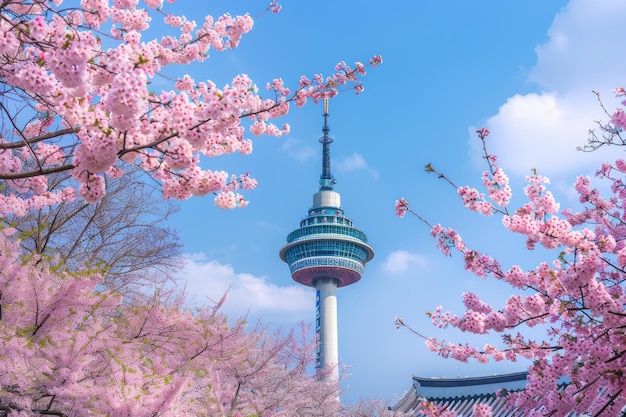 Torre N de Seul e Flores de Cereja na Primavera de Seul