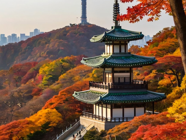 Foto torre namsan e pavilhão durante as folhas de outono em seul, coreia do sul