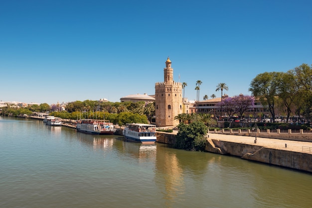 Torre de oro Torre del Oro a lo largo del río Guadalquivir, Sevilla Andalucía, España.