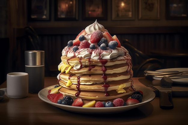 Una torre de panqueques con una montaña de crema batida