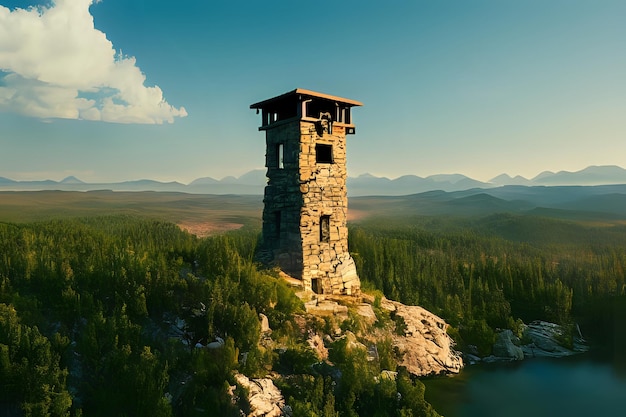 Foto torre de piedra en la costa con árboles y agua.