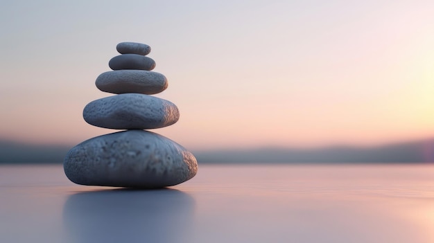 Torre de piedra equilibrada sobre un fondo beige con espacio de copia