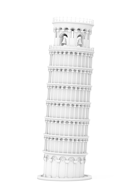 Torre de Pisa inclinada blanca sobre un fondo blanco. Representación 3D