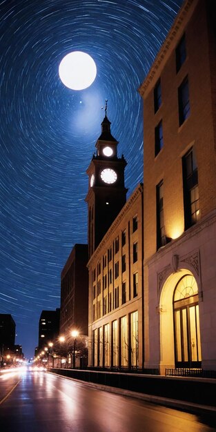 una torre del reloj está iluminada por la noche con un cielo lleno de estrellas por encima de ella