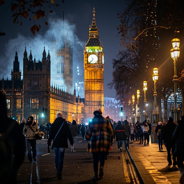 una torre del reloj está iluminada por la noche con personas caminando alrededor