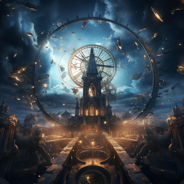 Torre del reloj surrealista con elementos celestes