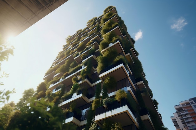 Torre residencial ambiental de la ciudad con terrazas verdes de pisos a la luz del día generativa ai