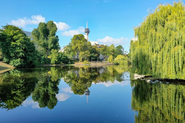 Torre Rheinturm em Dusseldorf de uma visão de pássaro fotografia de drone