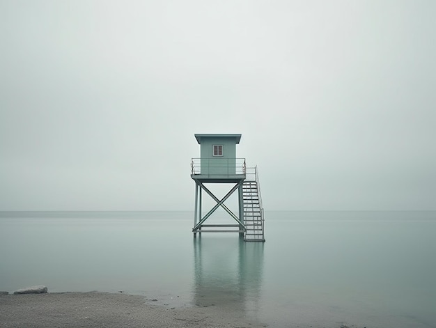 Una torre de salvavidas azul se encuentra en medio de un lago.