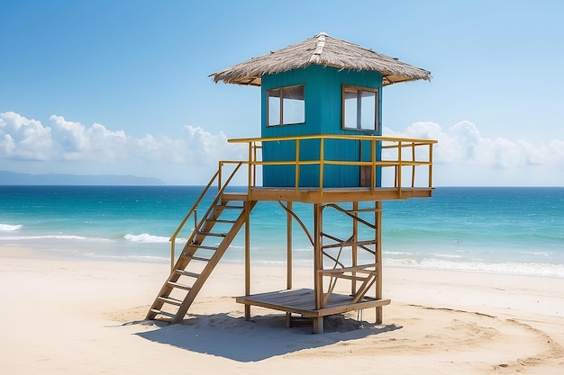 Foto torre de salvavidas en una playa de arena blanca con vista al mar