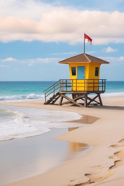 Foto torre de salvavidas en una playa de arena blanca con vista al mar