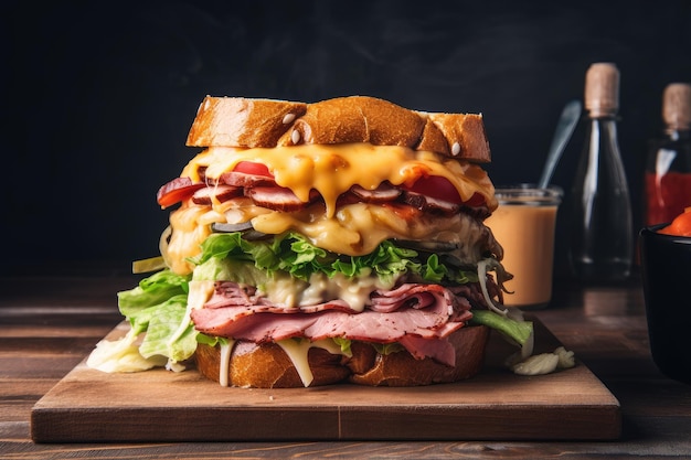 Torre de sándwich apilada con capas de carne y queso