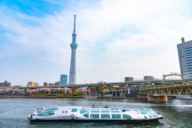 Torre Skytree de Tokio con flores de cerezo en plena floración en el Parque Sumida