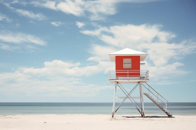 Foto una torre de socorristas se encuentra en una playa con el océano en el fondo.