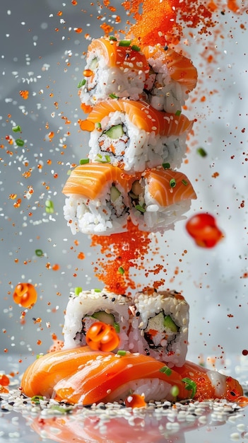 Foto una torre de sushi con pepino de salmón y tobiko