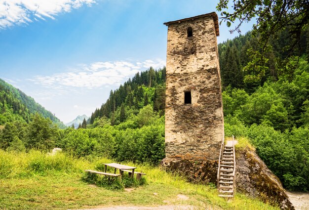 Torre Svan en el campo de Svaneti, Georgia