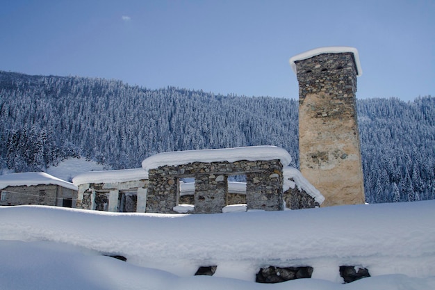 Torre Swan y una casa abandonada junto a un bosque cubierto de nieve