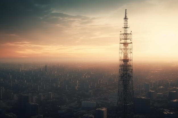 Torre de telecomunicaciones con cielo azul y fondo de paisaje urbano generativo ai