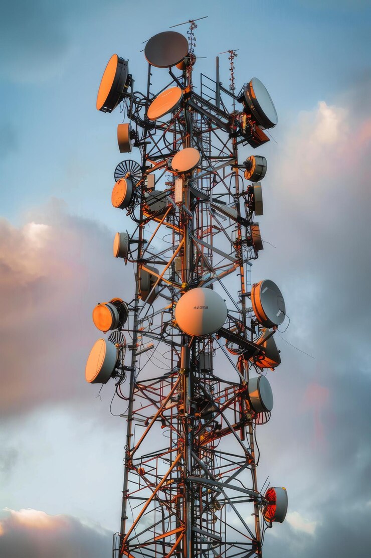 Torre de telecomunicaciones con múltiples antenas parabólicas y antenas contra un cielo nublado que muestra una infraestructura de comunicaciones moderna